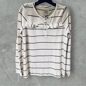 NWT Chaser Striped & Ruffled Henley Long Sleeve Top